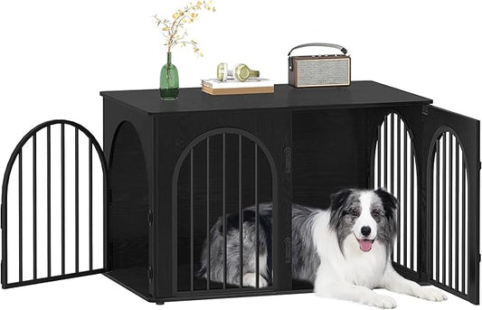 39.4" Wooden Dog Crate Furniture, Indoor Dog Kennel Dogs Cage for Small/Medium/Large Dogs, Heavy Duty Dog Crates Decorative Pet House End Side Table TV Stand, Black DFC84104B