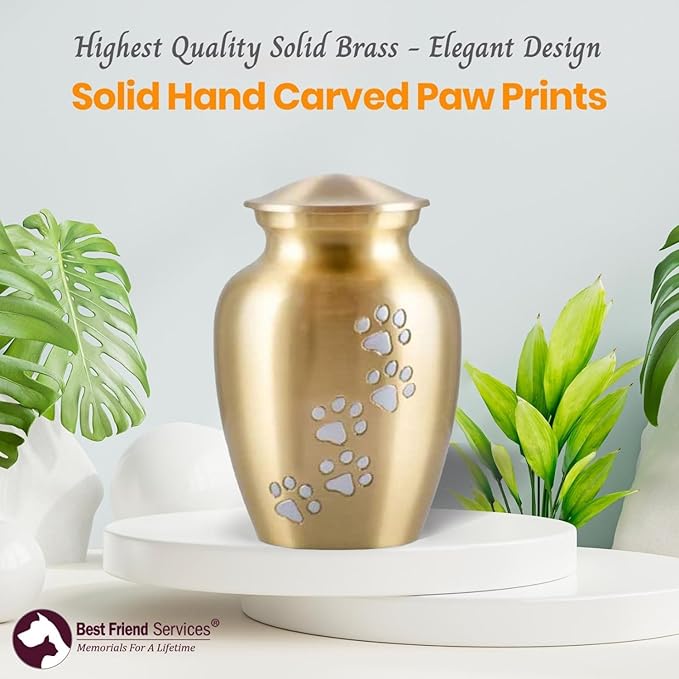 Ottillie Paws Legacy Series Pet Urn for Dogs, Handmade Brass Memorial Cremation Urn (Large - Pets up to 115 lbs, Brass, Vertical Pewter Paws)