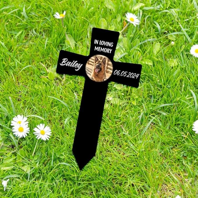 AVAGifts Personalized Pet Photo Memorial Cross Metal – Forever in Our Hearts Grave Marker, Custom Name & Date Outdoor Memorial Stake, Loss of Cat Sympathy Gift, Custom Dog Grave Marker for Cemetery, Easter Gifts