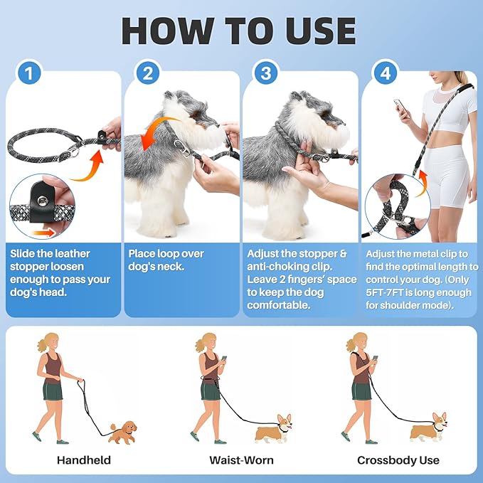 SlowTon Slip Lead for Dogs - Hands Free No Tangle Adjustable 5-7 FT 1/2” Rope, Heavy Duty Nylon Leash for Large Medium Dogs that Pull, No Pull Training Slip Leashes, 20-120lb, Dark Grey