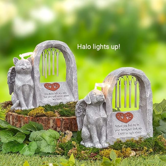 The Lakeside Collection Pet Memorial Statue Solar with Chimes and Lighted Halo Dog or Cat - Dog