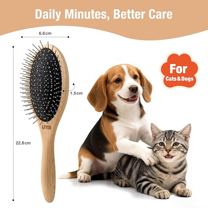 UTEE Professional Pin Brush for Long-Haired Dogs & Cats - Anti-Static Beechwood Grooming Brush with Massage Tips - Gentle De-tangling for Silky Coats & Sensitive Skin