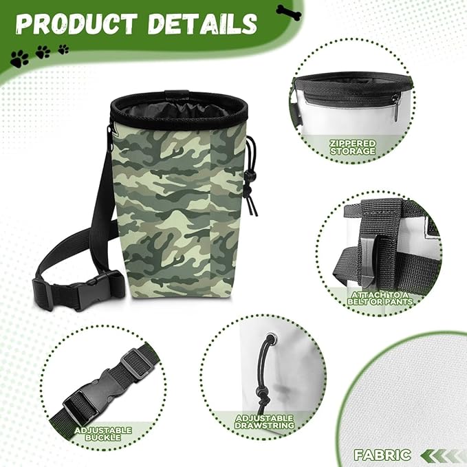 Camo Pet Treat Pouch Dog Treat Bag Pet Training Treat Bag Dog Treat Carrier Holder Pet Feed Snack Reward Bag with Waist Belt Shoulder Strap
