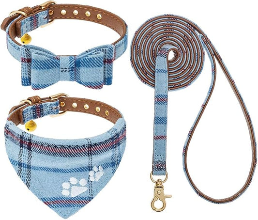 EXPAWLORER Puppy Collar and Leash Set - Embroidery Pawprints Plaid Dog Collar and Dog Leash Set, Bow Tie and Bandana Dog Collar with Bell, Cute Collar and Leash for Dogs Cats Outdoor Walking, Blue S