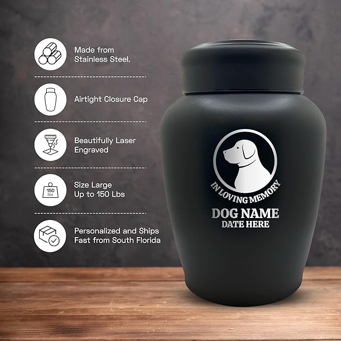 Personalized Custom Dog Urn Engraved Dog Name and Date - Stainless Steel Large Cremation urns for Dogs Ashes with Airtight Closure | up to 150 lbs Capacity | Labrador Silhouette