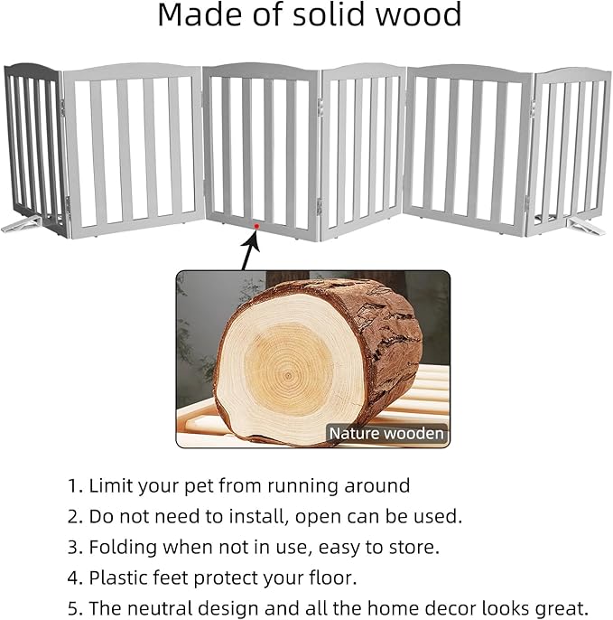 Freestanding Dog Gate Indoor,Doggie Gate Foldable Pet Gates for Doorways,Stairs or Hallways, Wooden Grey Pet Gate for the House, Pet Fence with Support Feet Included,32 "Height-6 Panels