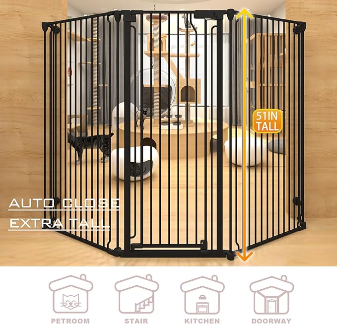 51" Extra Tall Cat Gate for Cats – 57.4" to 81" Extra Wide Cat Gate for Doorway,Auto Close 3-Panel Durable Pet Gate Indoor Use, Metal Dog Gate for Kitchens, Doorways & Stairs (Black)