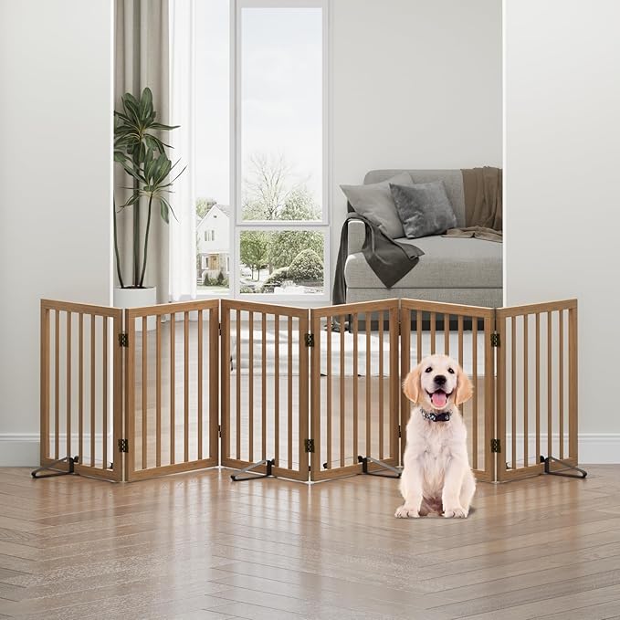 Dog Gates for Doorways, Freestanding Dog Gate Indoor, Foldable Pet Gates for Doorways Bedroom, Puppy Gate with Metal Support Feet, Room Divider 6 Panels (Dark Walnut)