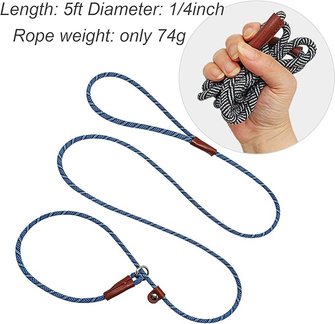 Slip Lead Dog Leash, 1/4" x 5ft No Pull Slip-on Training Leash for Small and Medium Dogs (Blue, 1/4" x 5Ft)