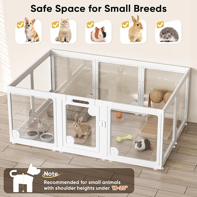 Clear Acrylic Dog Play Pen Indoors 24", 10 Panels Transparent Puppy Playpen with Door for Small Dogs Puppies, Modular Plastic Pet Playpen Cage Fence Crate for Cat Kitten Rabbit, White