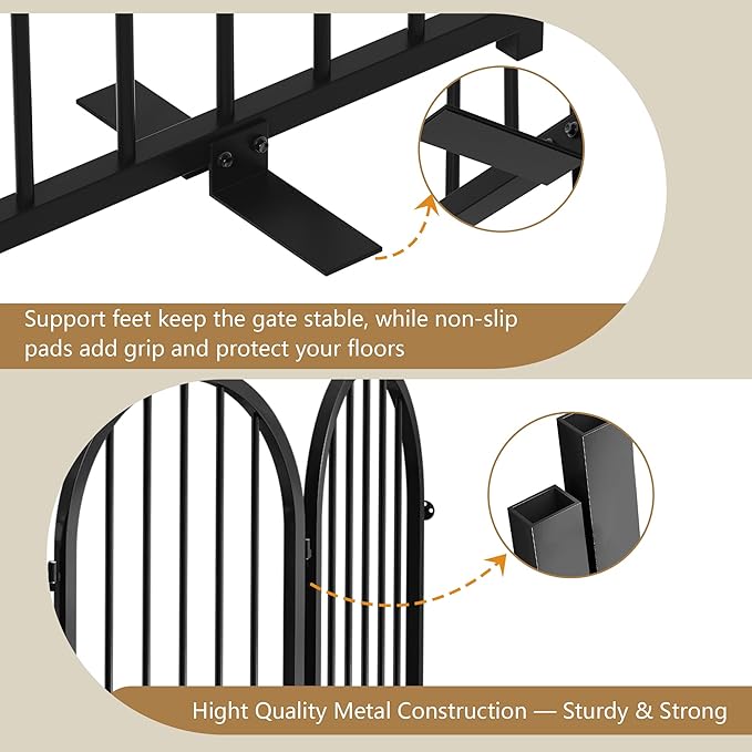Full Metal Dog Gate for Indoor Outdoor, 32" Tall Free Standing Pet Dog Fence, 36" Wide Arched Pet Gates for Stairs, Hallways, Doorways, Kitchen, Decks, Yards (Black, 2 Panels)