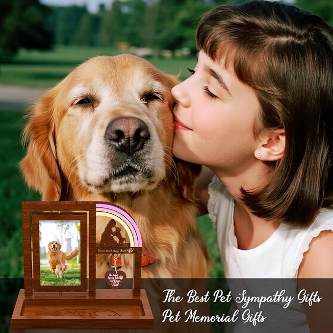 Pet Memorial Gifts for Dog Picture Frame with Rainbow Bridge, Wooden Rotating Picture Frame 4x6 Photo, Pet Loss of Dog Sympathy Gift for Cat Bereavement Remembrance Keepsake (11.2in)