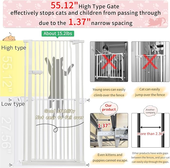 Lumizone Extra Tall Cat Gate 55.12" High Pressure Mounted Extra Wide 2025 New (17 Sizes) 1.37" Gap No Drilling Auto-Close One-Handed Operation Tall Pet Gate for Dogs(White, 55.12" H x 63.39"-67.71" W)