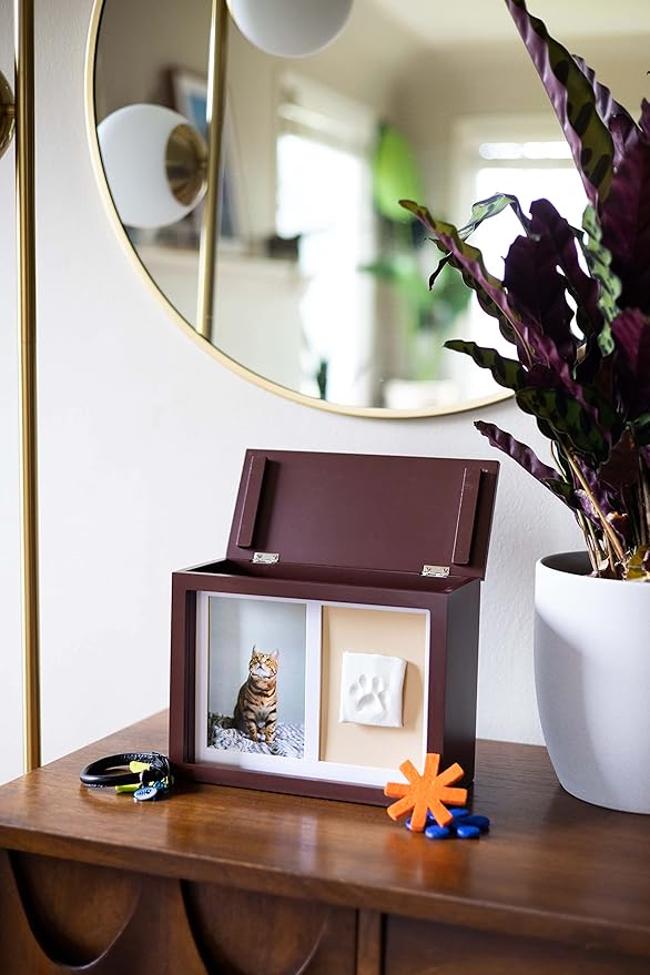 Pearhead Pet Photo Memory Box and Impression Kit for Dog or Cat Paw Print, Clay Paw Print Urn, Pet Memorial, Espresso