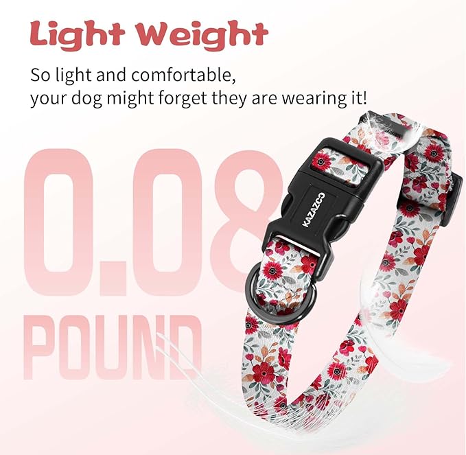 Kazazoo Dog Collar Cute and Soft Nylon Puppy Collar for Boy and Girl, Adjustable Dog Collars for Small Medium Dogs, Red Flowers-M