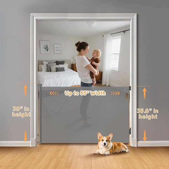 Retractable Baby Gate, 38" Extra Tall Mesh Baby Gate with Auto-Tension Design, 55" Wide One-Hand Operation Dog Gates for Doorways and Hallways, Safety Gate for Babies and Pets, Gray