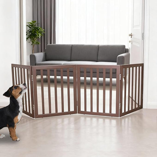 ZJSF Freestanding Indoor Dog Gate for House Foldable Wood Brown Puppy Gate for Doorways Pet Gate for Stairs Extra Wide Pet Fence 24" Height 4 Panels