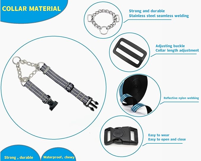 Martingale Collars for Dogs, Heavy Duty Stainless Steel Chain Training Collar, Reflective Nylon Adjustable Collar with Quick Release Buckle, Suitable for Puppy Medium Large Dogs (Gray, XS)