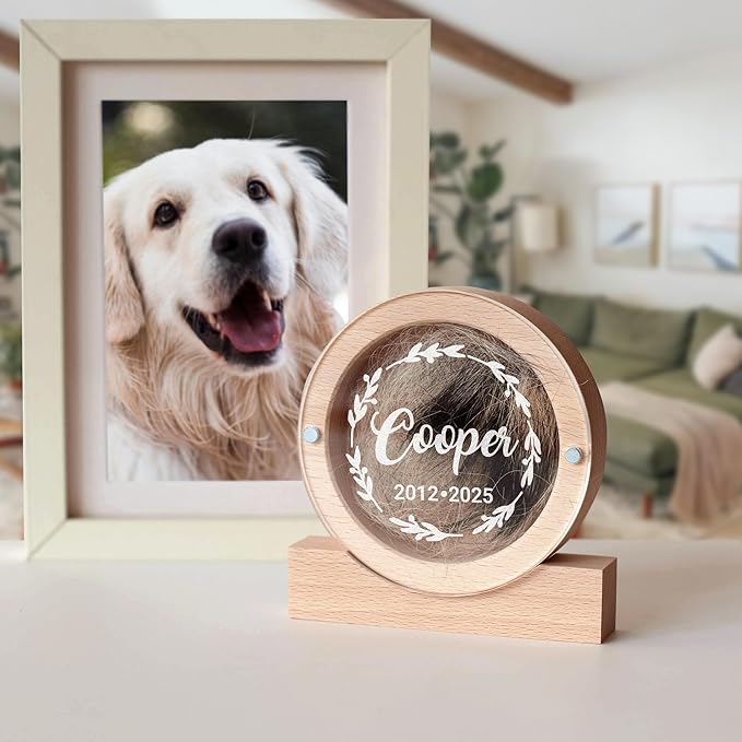 Personalized Pet Hair Keepsake Box for Dog and Cat Fur - Engraved Wood Memorial Box - Unique Customized Gift for Loss of Furry Friend Wooden (Light Round Wood/Acrylic Lid)