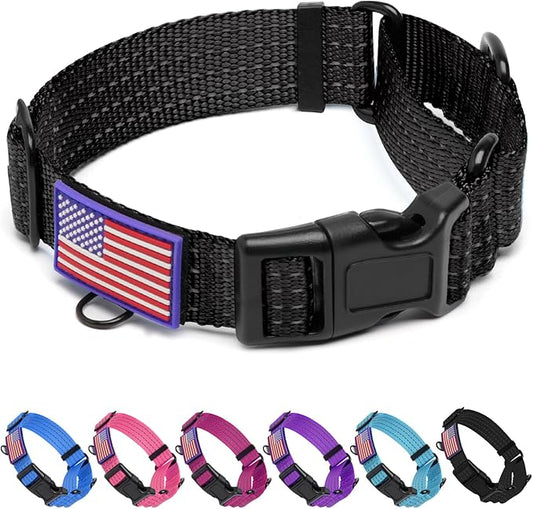 Martingale Dog Collar, Reflective No Pull Training Collar with Quick Release Buckle & USA Flag, Heavy-Duty Nylon, Adjustable for Small Medium Large Dogs (M,Black with Flag