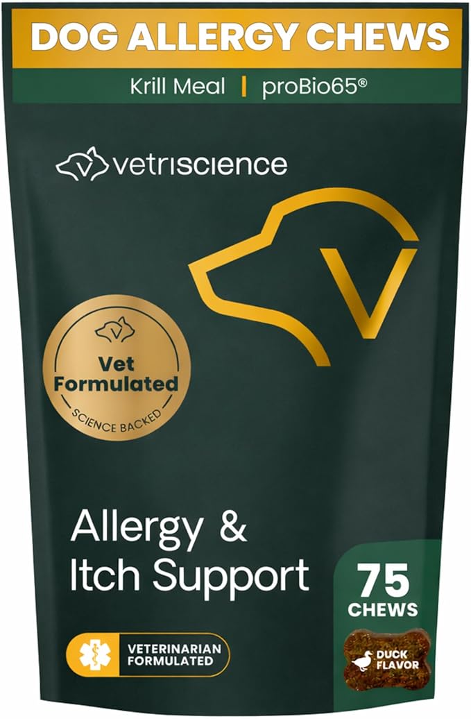 VetriScience Allergy & Itch Support Chews, Skin Supplement for Dogs, Itching, Scratching, and Licking, Support Immune Health, Duck, 75 Count
