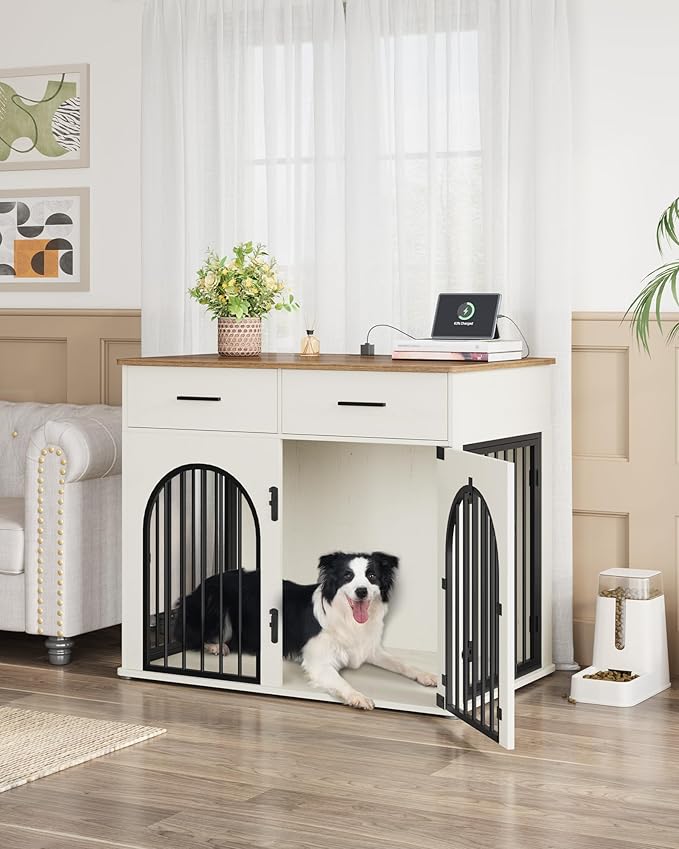 43.3'' Large Dog Crate Furniture with 2 Storage Drawers, Heavy Duty Dog Kennel Indoor with Charging Station, Wooden Dog Cage End Table Kennel for Medium/Large Dogs, White Brown DFC88214B