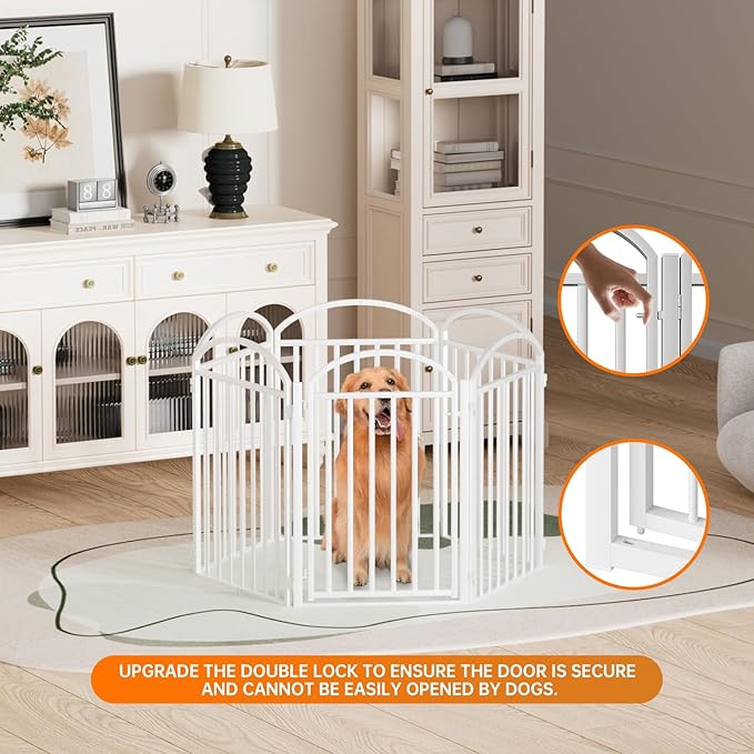 6 Panels Full Matel Freestanding Dog Gates with Door, 144"Extra Wide 32"Tall Free Standing Dog Pet Gate for Indoor & Outdoor. Foldable Pet Fences for Doorways, House, Stairs, Porch, Deck, Yard