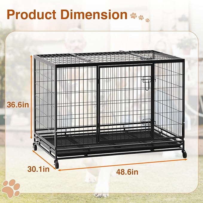BestPet 48 Inch Heavy Duty Dog Crate, Indestructible Escape-Proof Kennel with Double Door & Removable Tray for Medium to Large Dogs,Black