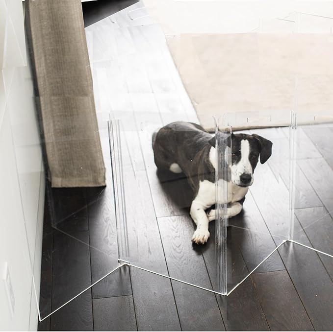 Hiddin Clear Acrylic Dog Gate - Low Zig Zag Clear Pet Gate for Home 4 Panels - Sturdy Free-Standing Design - Modern Acrylic Dog Pen - Transparent Pet Gates for Home - Safe & Stylish
