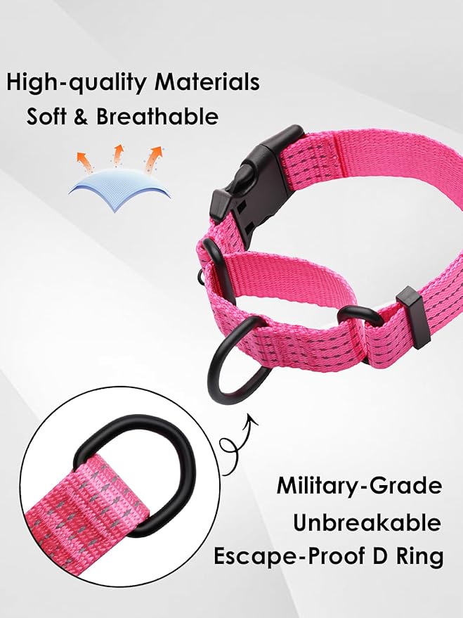 Martingale Dog Collar, Reflective No Pull Training Collar with Quick Release Buckle, Adjustable Heavy Duty Nylon Choker Collars for Small Medium Large Dogs(S,Pink)