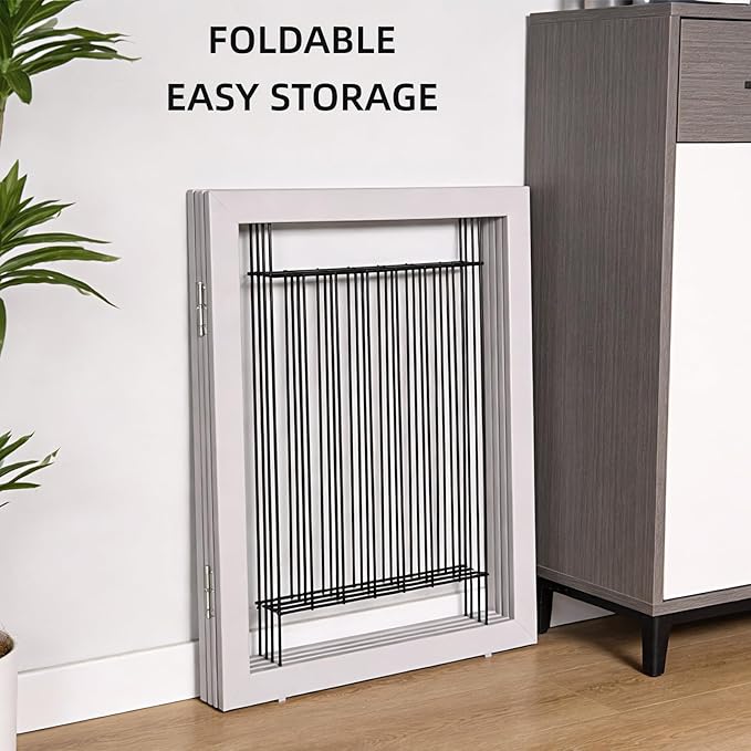 ZJSF Freestanding Dog Gate Indoor, Foldable Dog Fence for Doorways,Hallways or Stairs, Sturdy Wood Extra Wide Pet Gate with Support Feet,Grey,24 "Height-4 Panels