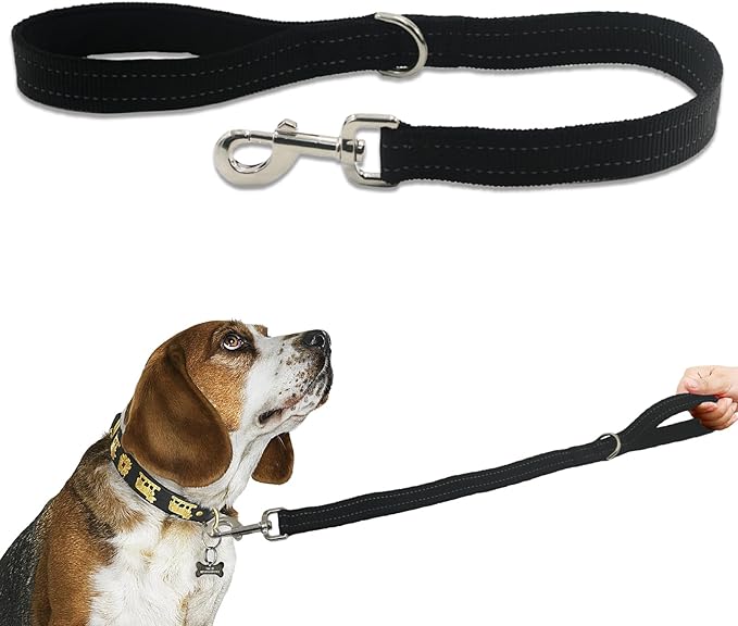 Nylon Short Leash 24 Inches Durable Dog Lead with Handle, Heavy Duty Padded Handle and D-Ring for Control, Traffic Leash 2FT Long for Small to Large Sized Dogs Training Black