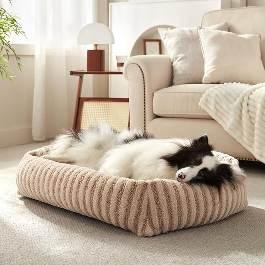 MIXJOY Dog Beds Large Sized Dogs, Washable Dog Bed with Removable Cover, Soft Rectangle Dogs Ded Fluffy Plush Faux Fur Pet Bed with Anti-Slip Bottom, 36"x27"x8", Beige