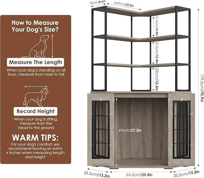 FACBOTALL Corner Dog Crate Furniture with Storage, Decorative Large Dog Kennel Indoor Furniture with Double Doors, 2 Safety Locks, 4-Tier Shelves, Large Dog Cage Furniture for Medium and Big Dogs