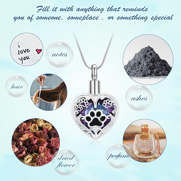 Heart Urn Necklace For Ashes Birthstone Pet Memorial Jewelry Dog Paw Print Cremation Pendant Stainless Steel Keepsake Gift For Pet Lovers