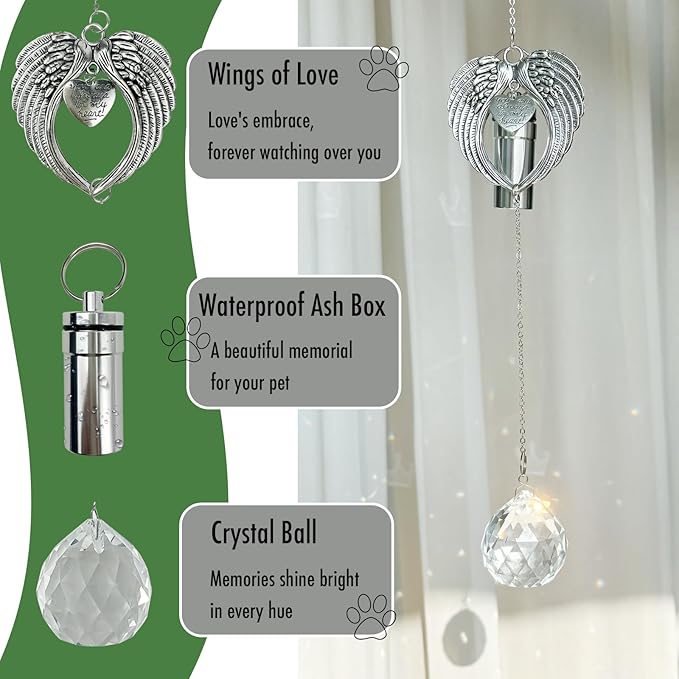 Pet Keepsake Urns for Dogs Ashes with Sun Catcher - Memorial Wind Chimes with Ashes Urn Keychain for Loss of Dog and Cat - Unique Pet Memory Ashes Box - Personalized Hanging Crystal Ornament (Heaven)