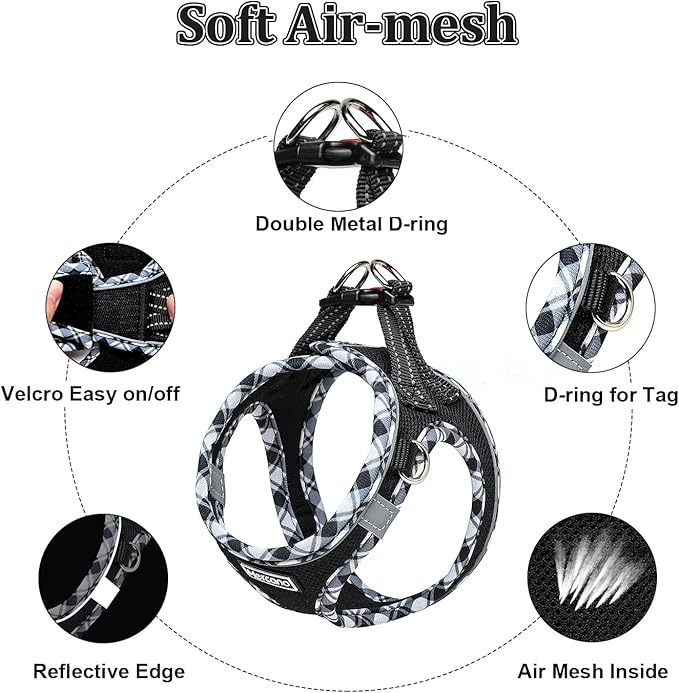 Mercano Soft Mesh Dog Harness and Leash Set, No-Chock Step-in Reflective Breathable Lightweight Easy Walk Vest Harnesses with Safety Buckle for Small Dogs, Cats (Black White, XXS)