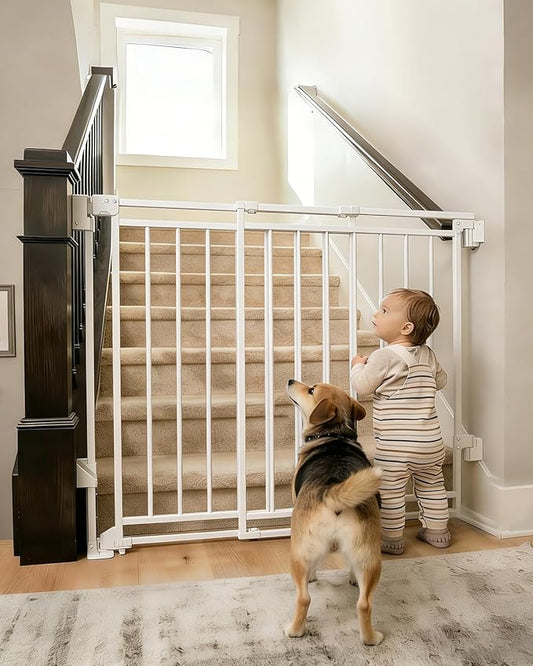 Baby Gate for Stairs, Doorways & Kitchen | 26-43" W, 29" H Extra Tall | No Bottom Bar | Hardware Mount (Drill Required) | Auto-Close & One-Handed | Walk-Thru Safety Gate for Dogs & Toddlers | White
