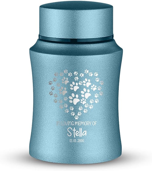 Customized Small Keepsake Urn Personalized Engraved with Pet Name, Date, and Dog Design - 4" Powder Coated Cremation Mini Compact Urn for Dogs Ashes | 5–10 Lbs Capacity | Powder Blue, Paw Print Heart