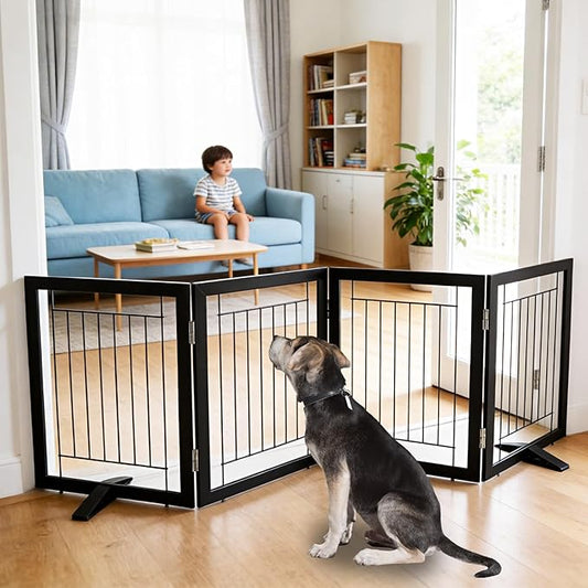 ZJSF Freestanding Dog Gate Indoor, Foldable Dog Fence for Doorways,Hallways or Stairs, Sturdy Wood Extra Wide Pet Gate with Support Feet,Black,24 "Height-4 Panels