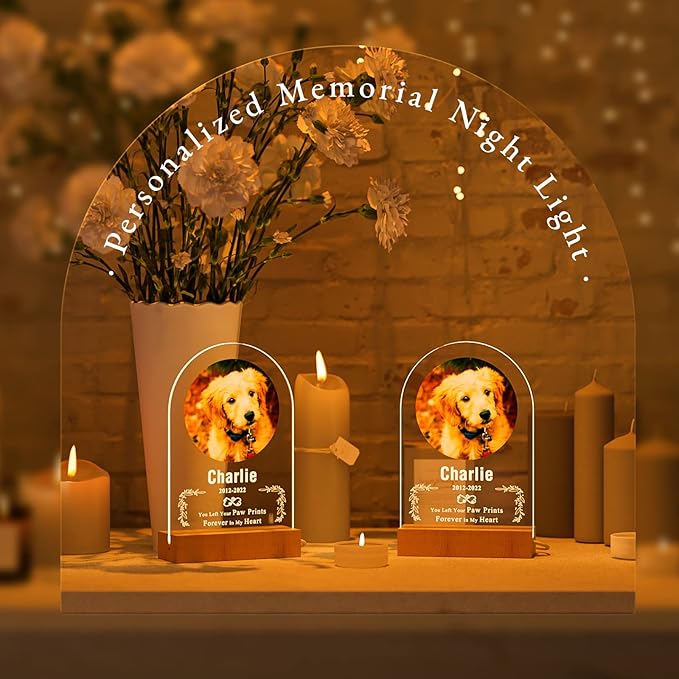 Bemaystar Personalized Dog Memorial Gifts Custom Dog Memorial Night Lights for Grieving Pet Owners, Pet Loss Gifts Cat memorial gifts Loss of Dog Sympathy Gift with Picture Name Date Custom Plaque