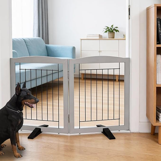 Dog Fence Indoor,Dog Gate Indoor for Doorway pet gate -2-Panel Freestanding, Hallways, House or Stairs -40x24-Inch Retractable Foldable Expandable Wood Pet by SFJC (Grey) ﻿