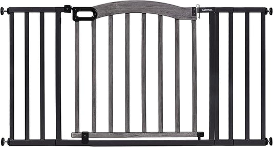 Summer Decorative Wood & Metal Pet and Baby Gate, 36" - 60" Wide, 32" Tall, Pressure Mounted, Install Wall to Wall or Doorway, Walk-Through Safety Gate - Gray