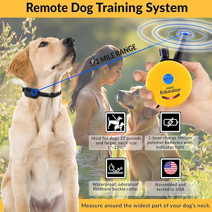 E-Collar – Mini Educator ET-302 1/2 Mile Waterproof Remote Dog Training Collar Includes Premium Finger Clicker Trainer, 100 Programmable Levels + Vibration + Light + Sound, Yellow
