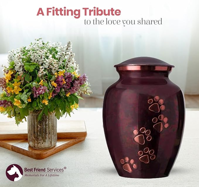 Ottillie Paws Legacy Series Pet Urn for Dogs and Cats, Handmade Brass Memorial Cremation Urn (Small - Pets up to 25 lbs, Raku, Vertical Brass Paws)