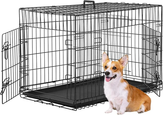 Dog Crate Kennel Pet Cage for Large Medium Dogs Travel Metal Double-Door Folding Indoor Outdoor Puppy Playpen with Divider and Handle Plastic Tray,48 42 36 30 24 inches (36" Dog Cage)
