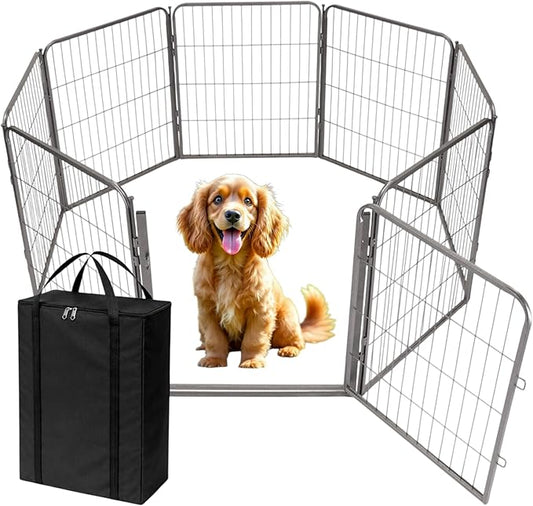 Dog Playpen w/Carrying Case for Indoor or Outdoor Use – 32 Inch, 8 Grey Panels - Portable Metal Exercise Pen for Small & Medium Dogs - Pet Fence Kennel Crate for House, RV, or Travel