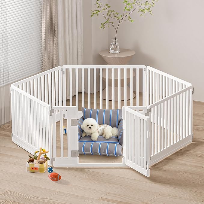 Pet Playpen Foldable Gate for Dogs Heavy Plastic Puppy Exercise Pen with Door Portable Indoor Outdoor Small Pets Fence Puppies Folding Cage 6 Panels Medium Animals House Supplies (PPW-WHITE06, White)