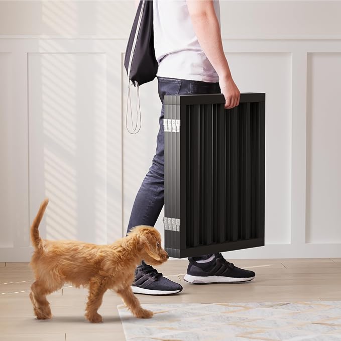 Semiocthome Solid Bamboo Dog Gate with 2 Stands, Freestanding Pet Gates for Doorways and Stairs, 24" Height-4 Panels Puppy Gate for the House, Fully Assembled Indoor Gate Adjustable Safety Fence-Black