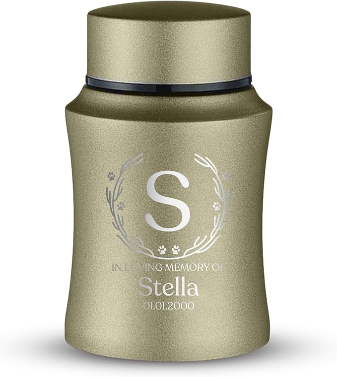 Customized Small Keepsake Urn Personalized Engraved with Pet Name, Date, and Text- 4" Powder Coated Cremation Mini Compact Urn for Dogs Ashes | 5–10 Lbs Capacity | Washed Gold, Wood Branch Border